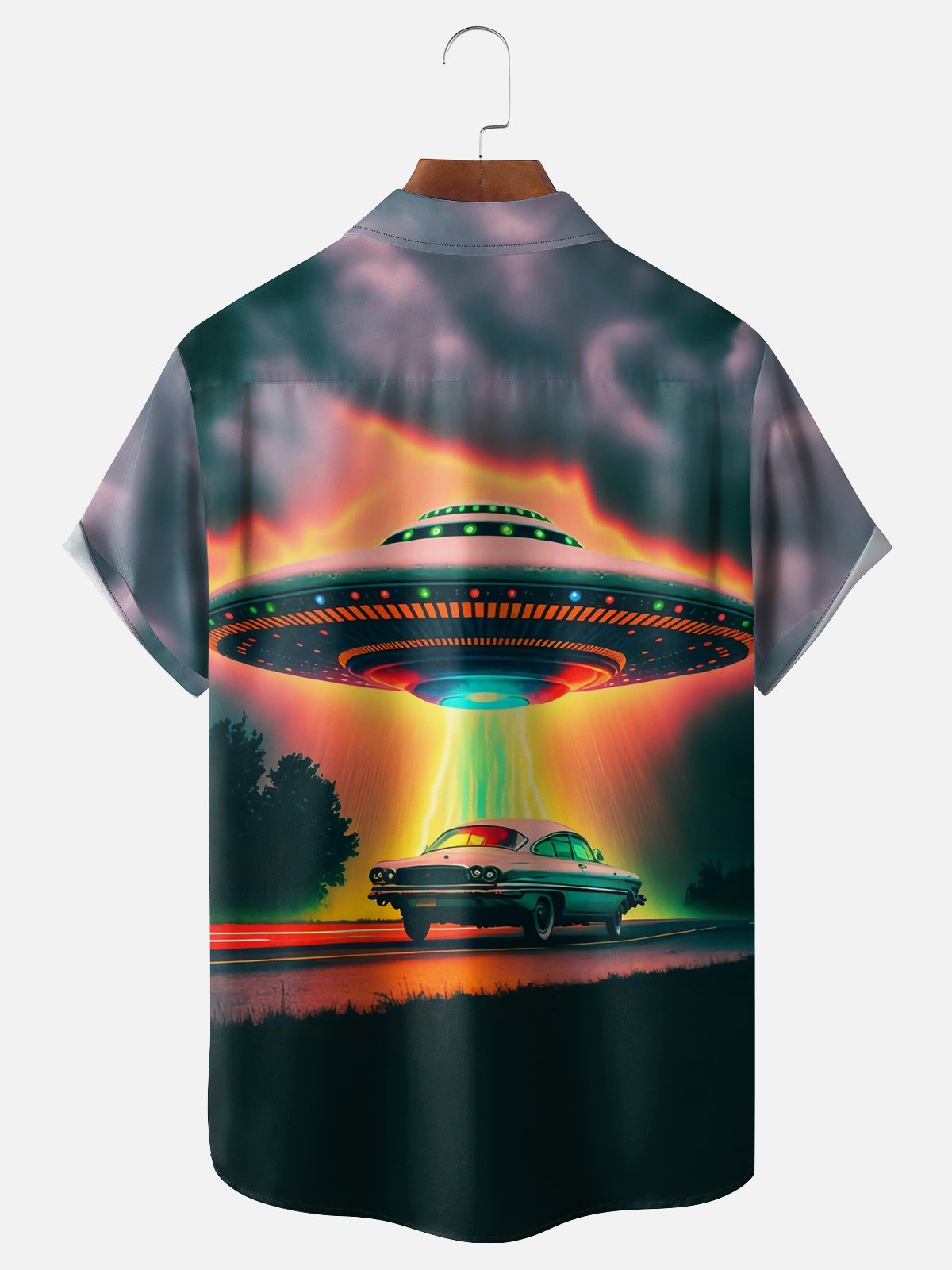 Moisture-wicking 3D Gradient Color UFO Car Chest Pocket Hawaiian Shirt