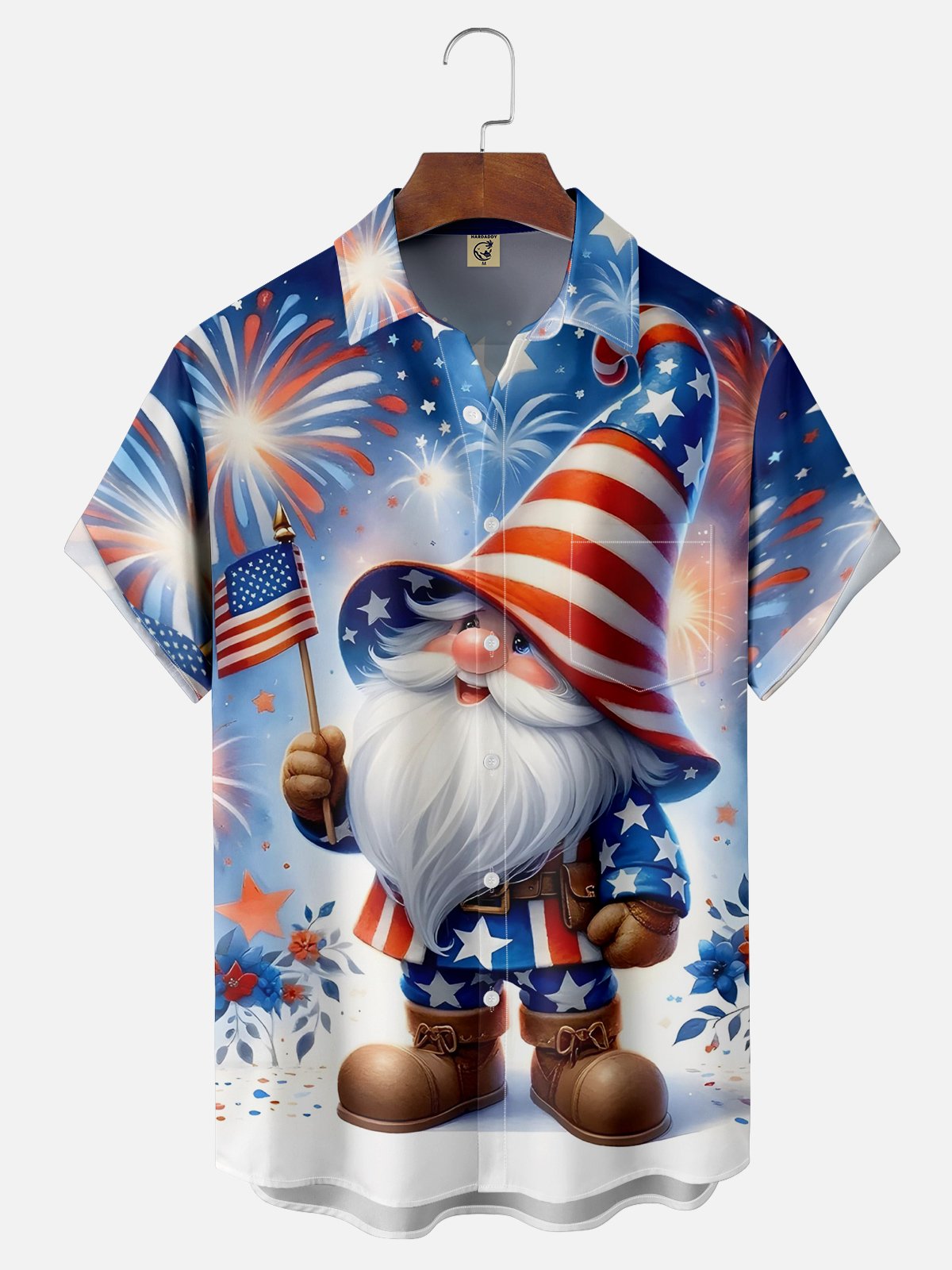 Moisture-wicking American Flag Gnome Chest Pocket Hawaiian Shirt