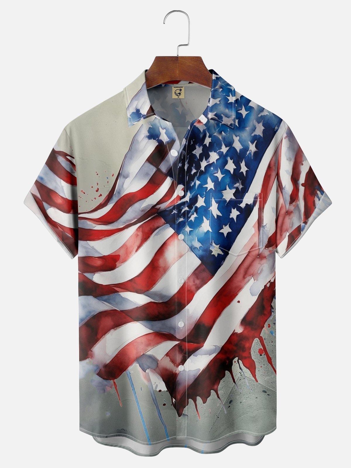 Moisture-wicking American Flag Watercolor Chest Pocket Hawaiian Shirt