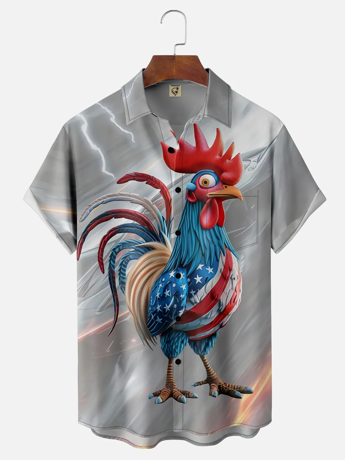 Moisture-wicking American Flag Rooster Chest Pocket Hawaiian Shirt