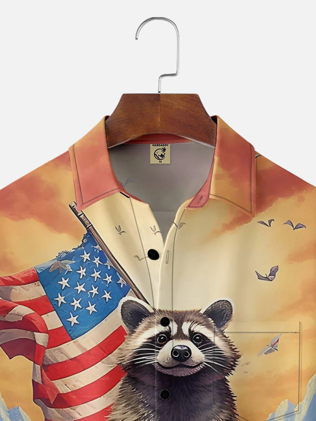 Moisture-wicking Raccoon American Flag Chest Pocket Hawaiian Shirt