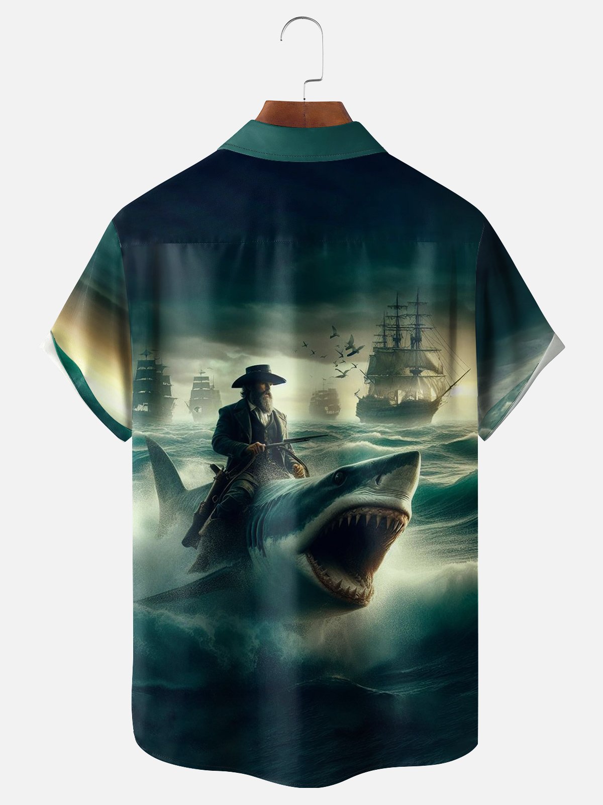 Moisture-wicking Shark Pirate Chest Pocket Hawaiian Shirt