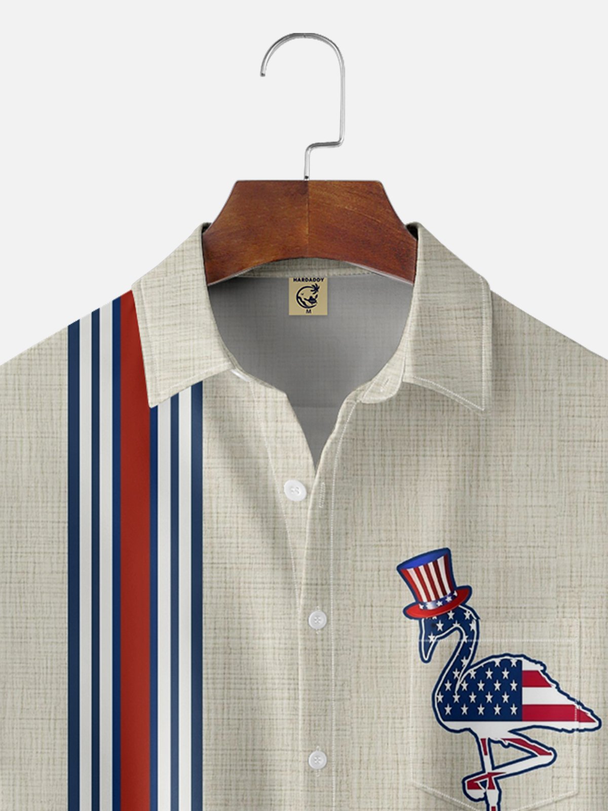 Moisture-wicking American Flag Flamingo Chest Pocket Bowling Shirt