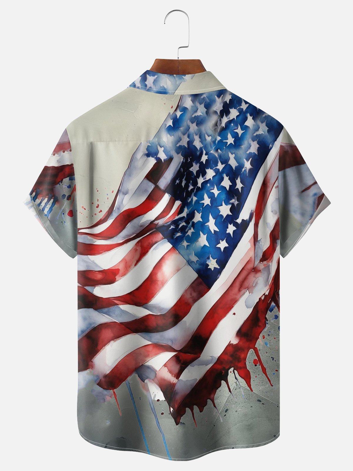 Moisture-wicking American Flag Watercolor Chest Pocket Hawaiian Shirt