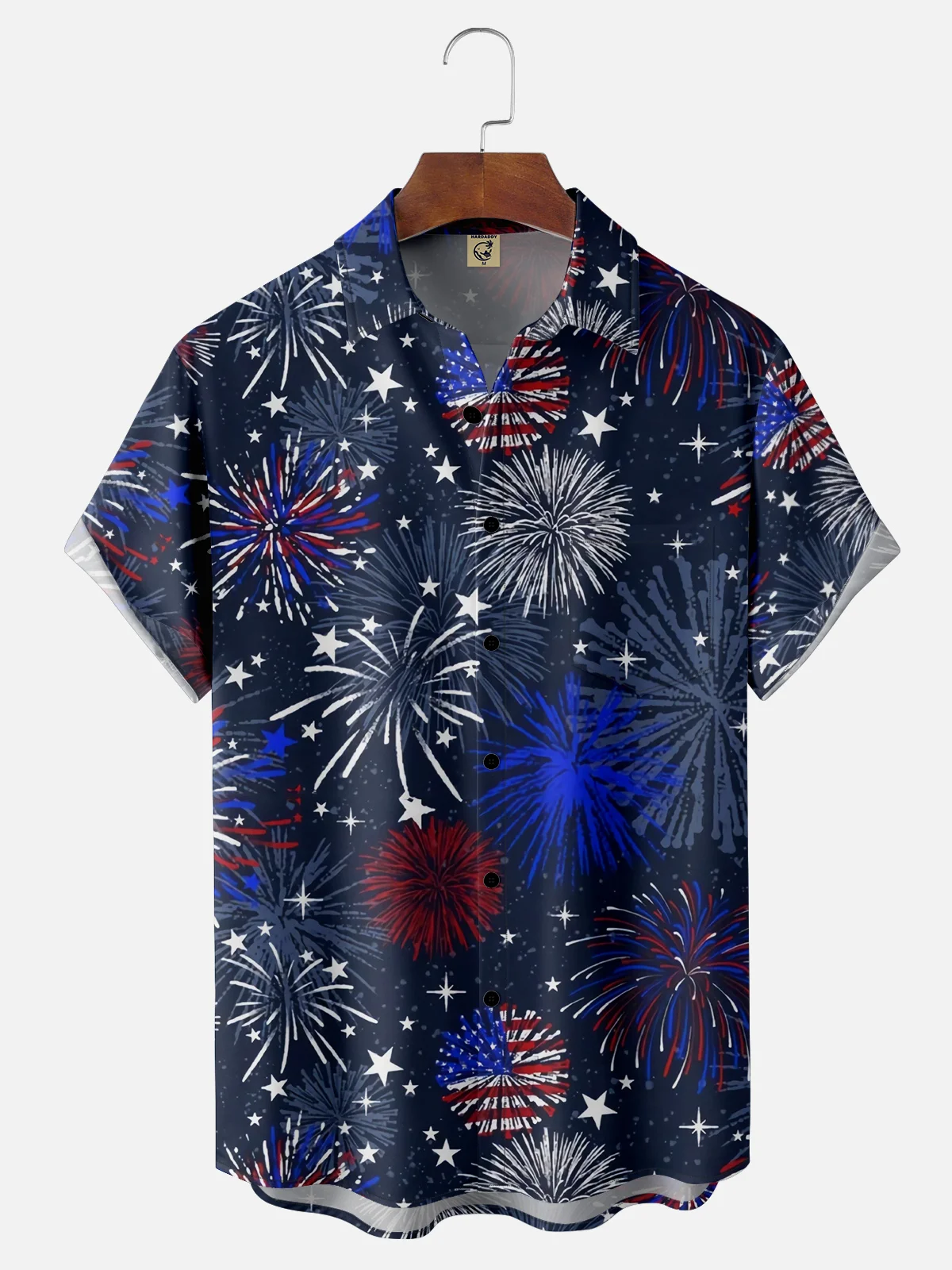 Moisture-wicking American Flag Fireworks Chest Pocket Hawaiian Shirt