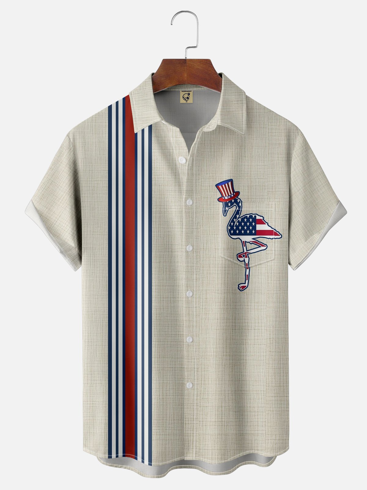 Moisture-wicking American Flag Flamingo Chest Pocket Bowling Shirt