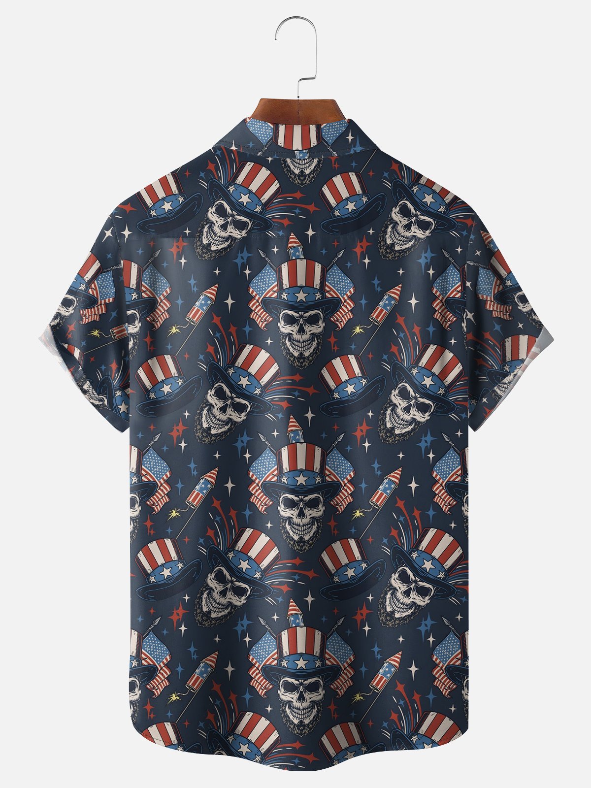 Moisture-wicking American Flag Skull Chest Pocket Hawaiian Shirt