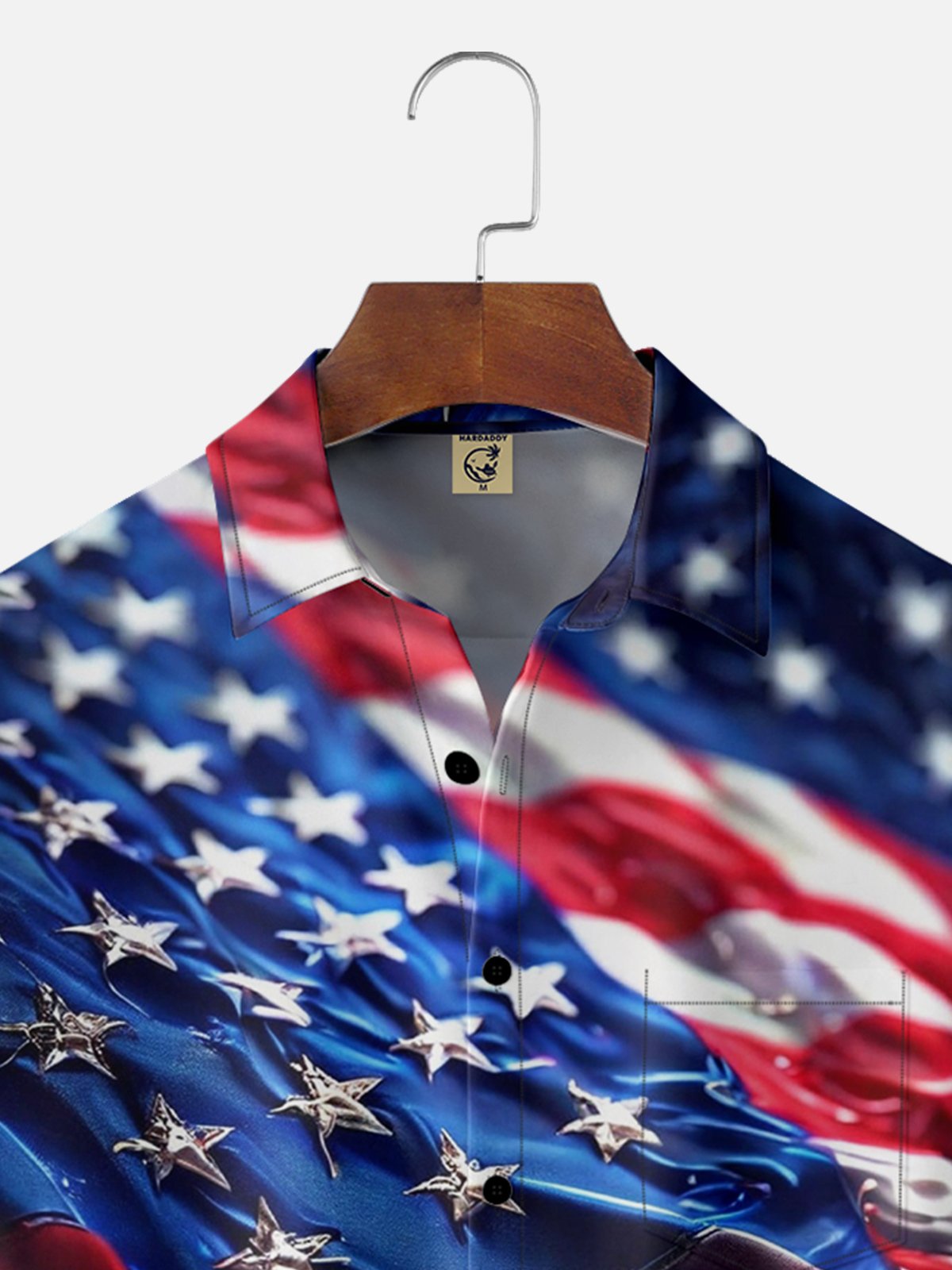 Moisture-Wicking Metallic American Flag Chest Pocket Hawaiian Shirt