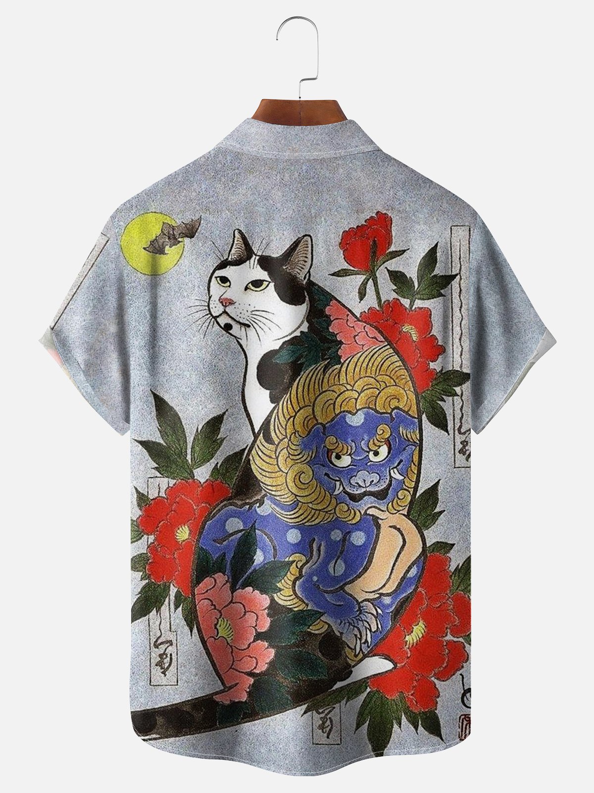 Moisture-wicking Ukiyo-e Tattoo Cat Chest Pocket Hawaiian Shirt