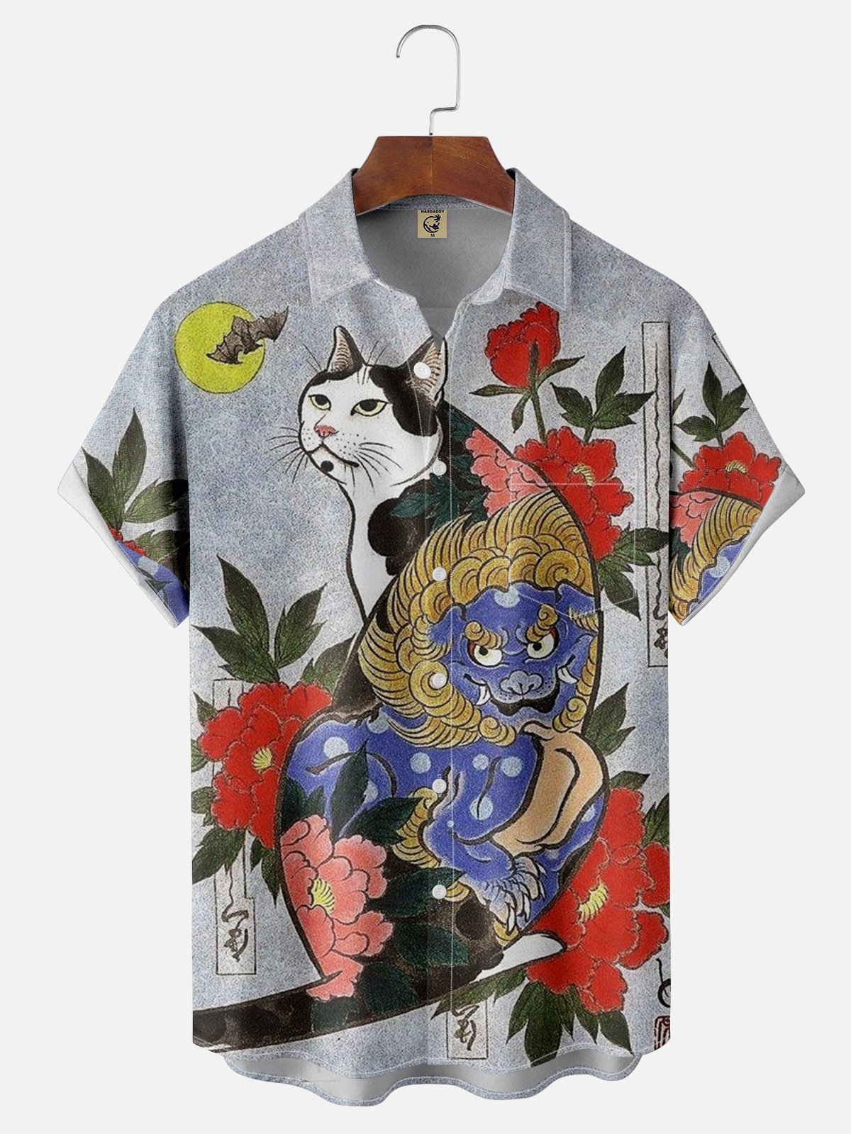 Moisture-wicking Ukiyo-e Tattoo Cat Chest Pocket Hawaiian Shirt