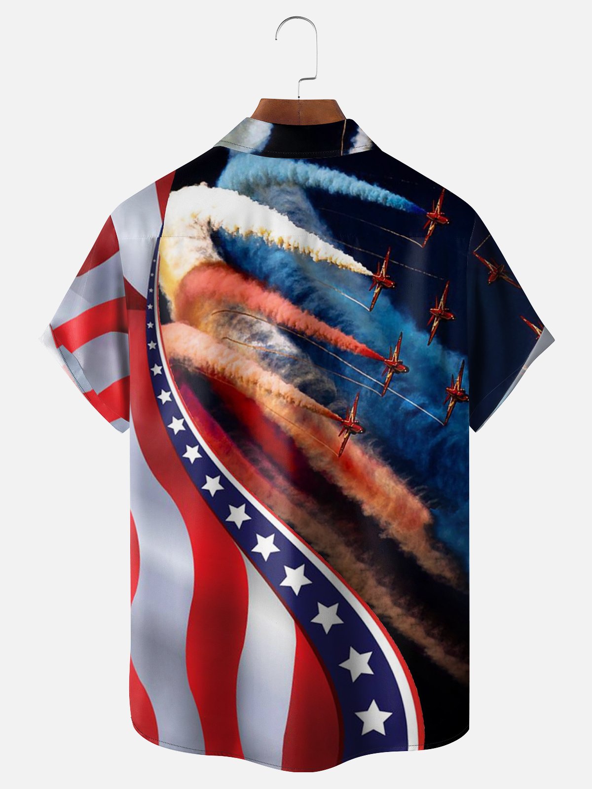 Moisture -wicking American Flag Airplane Chest Pocket Hawaiian Shirt