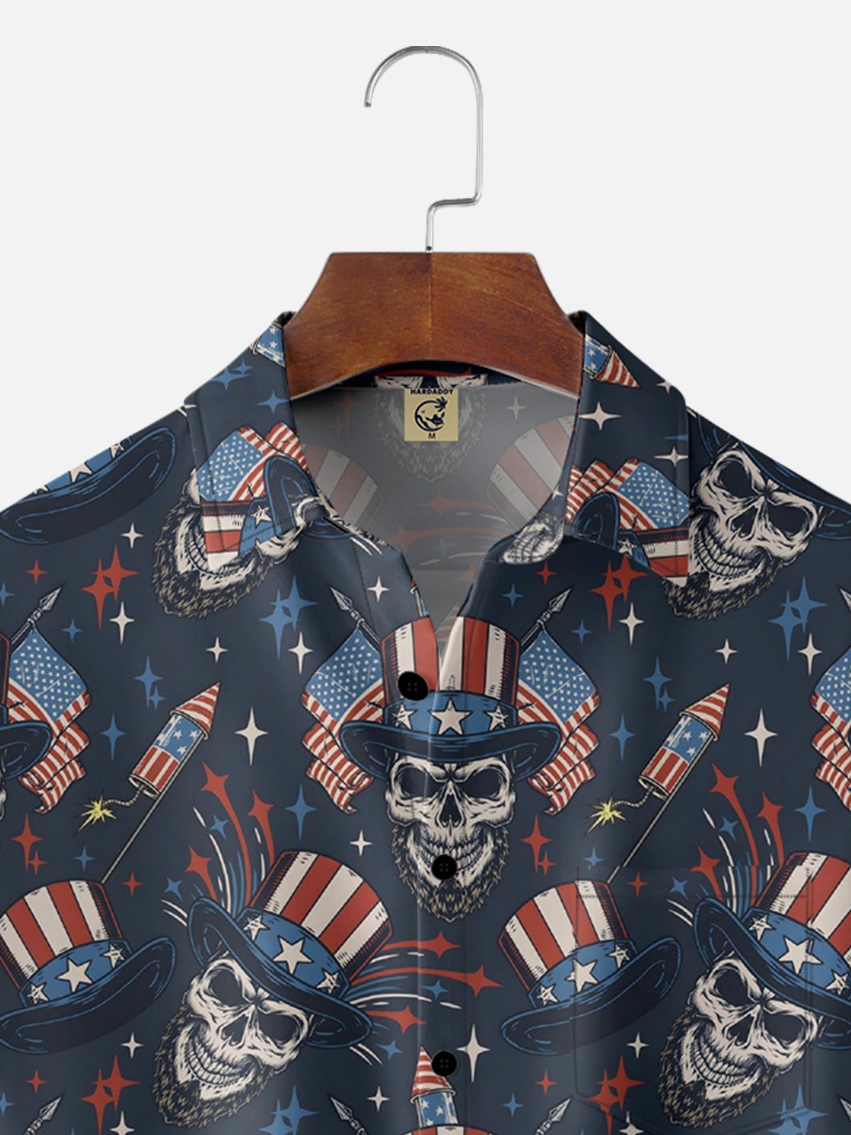 Moisture-wicking American Flag Skull Chest Pocket Hawaiian Shirt