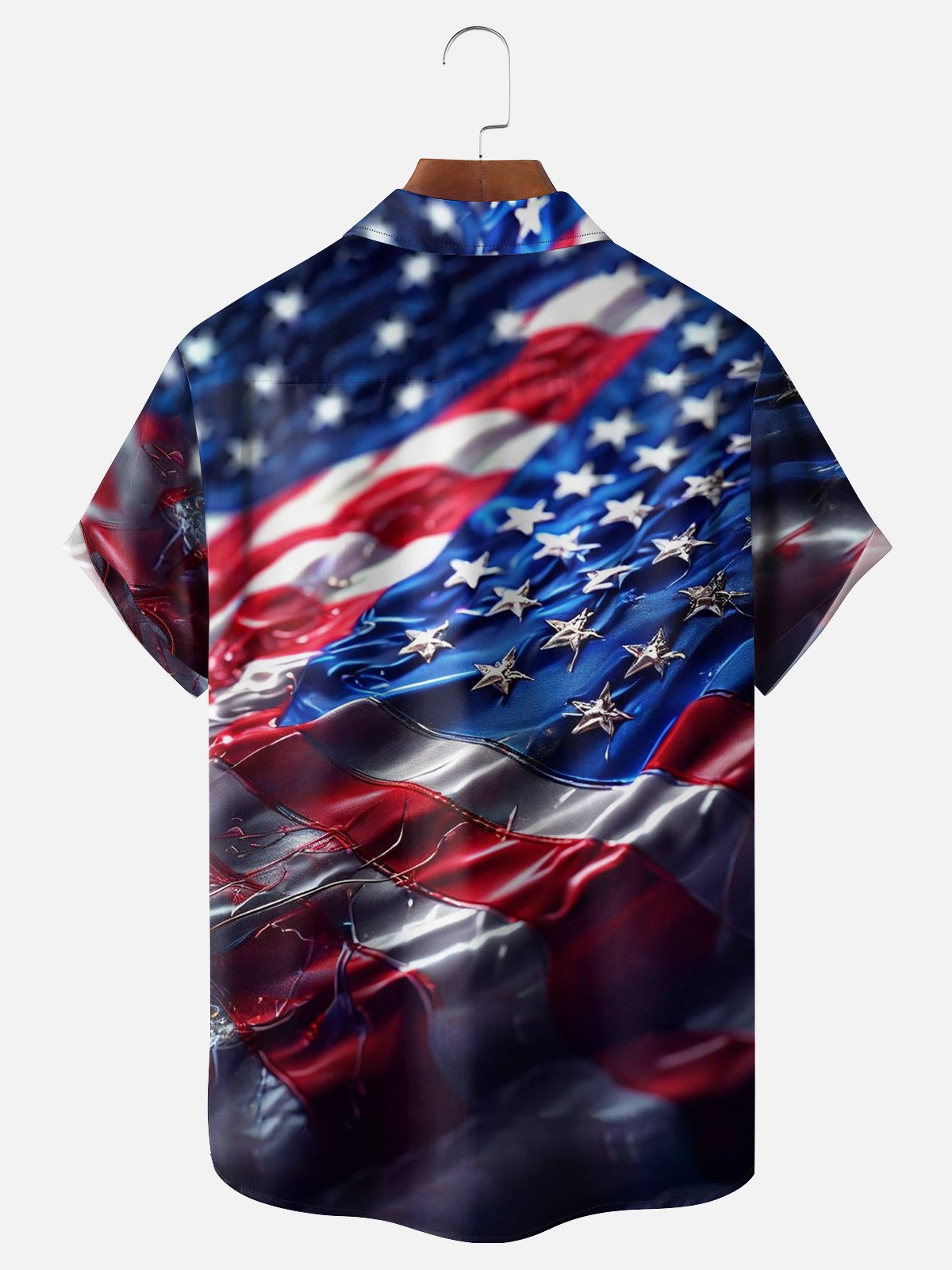 Moisture-Wicking Metallic American Flag Chest Pocket Hawaiian Shirt