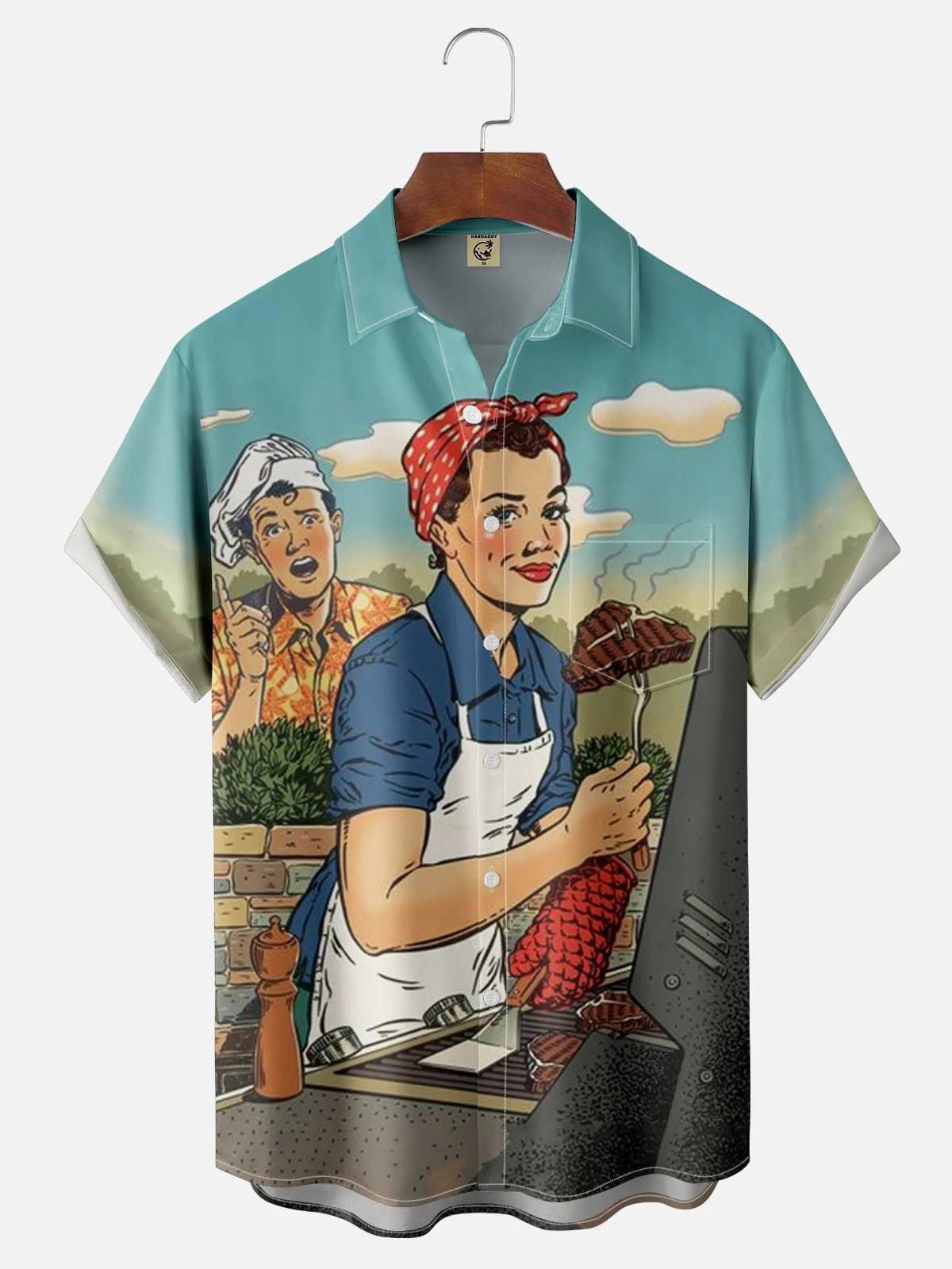 Moisture-wicking BBQ Illustration Chest Pocket Hawaiian Shirt