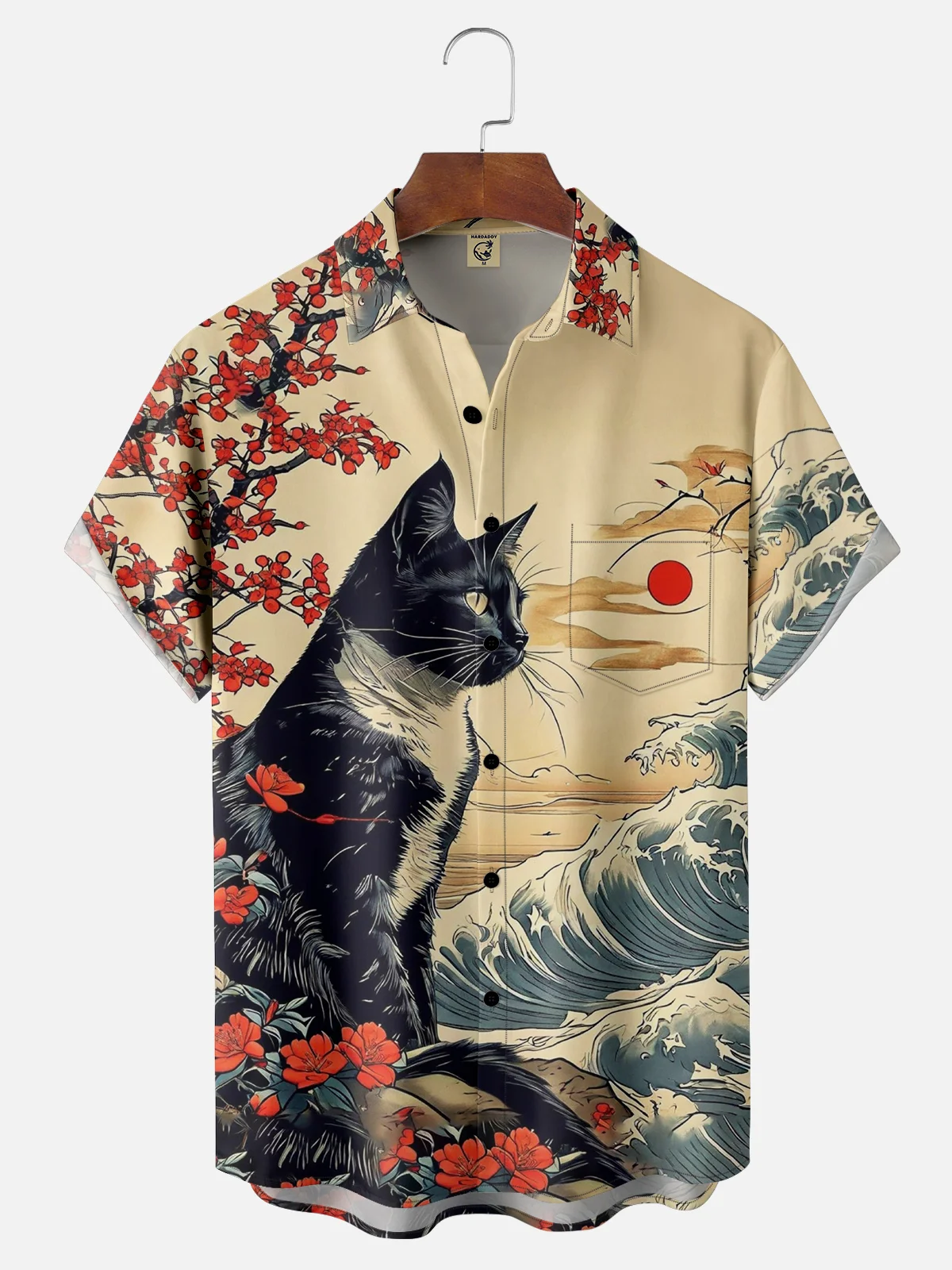 Moisture-wicking Ukiyo-e Cat Chest Pocket Hawaiian Shirt