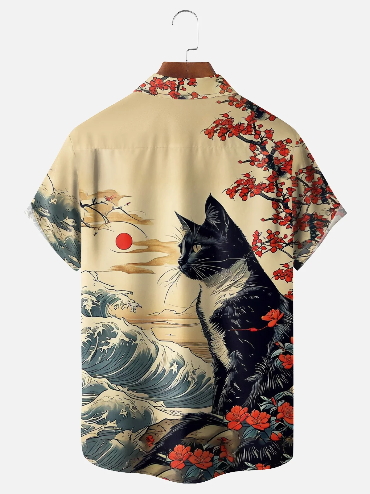 Moisture-wicking Ukiyo-e Cat Chest Pocket Hawaiian Shirt