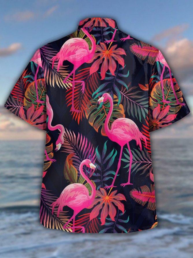 Tall Size Moisture Wicking Botanical Flamingo Print Hawaiian Shirt