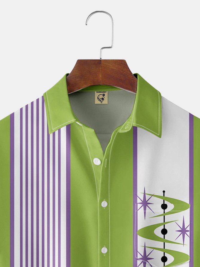 Tall Size Moisture-wicking Geometric Chest Pocket Bowling Shirt