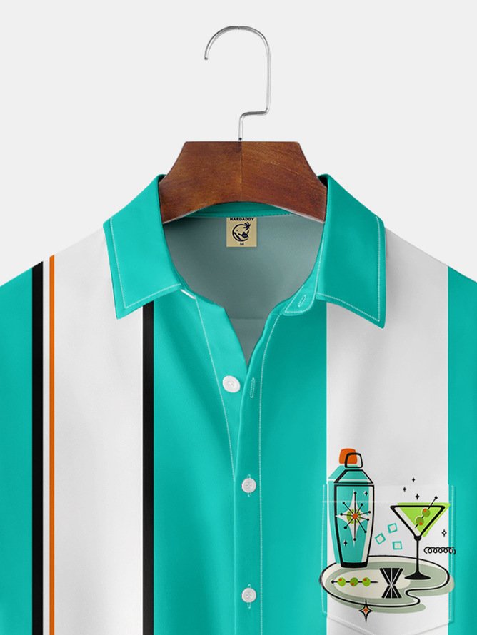 Tall Size Medieval Cocktail Chest Pocket Short Sleeve Bowling Shirt