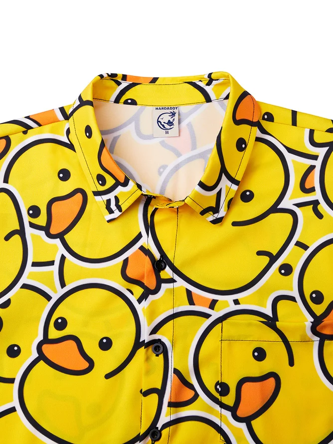 Tall Size Moisture-wicking Yellow Duck Chest Pocket Hawaiian Shirt