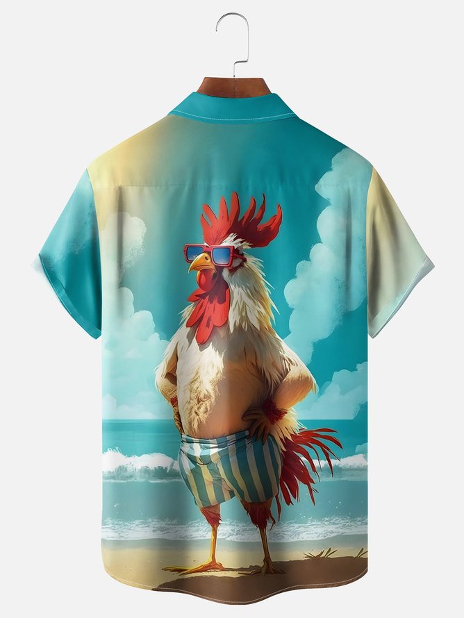 Tall Size Moisture-wicking Beach Fun Chicken Chest Pocket Hawaiian Shirt