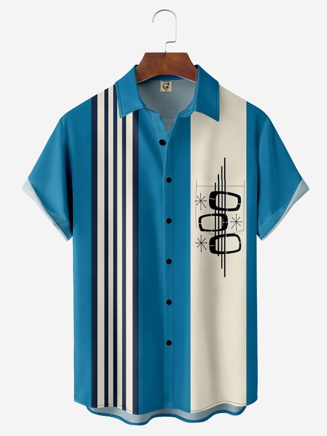 Tall Size Moisture-wicking Geomatric Chest Pocket Bowling Shirt