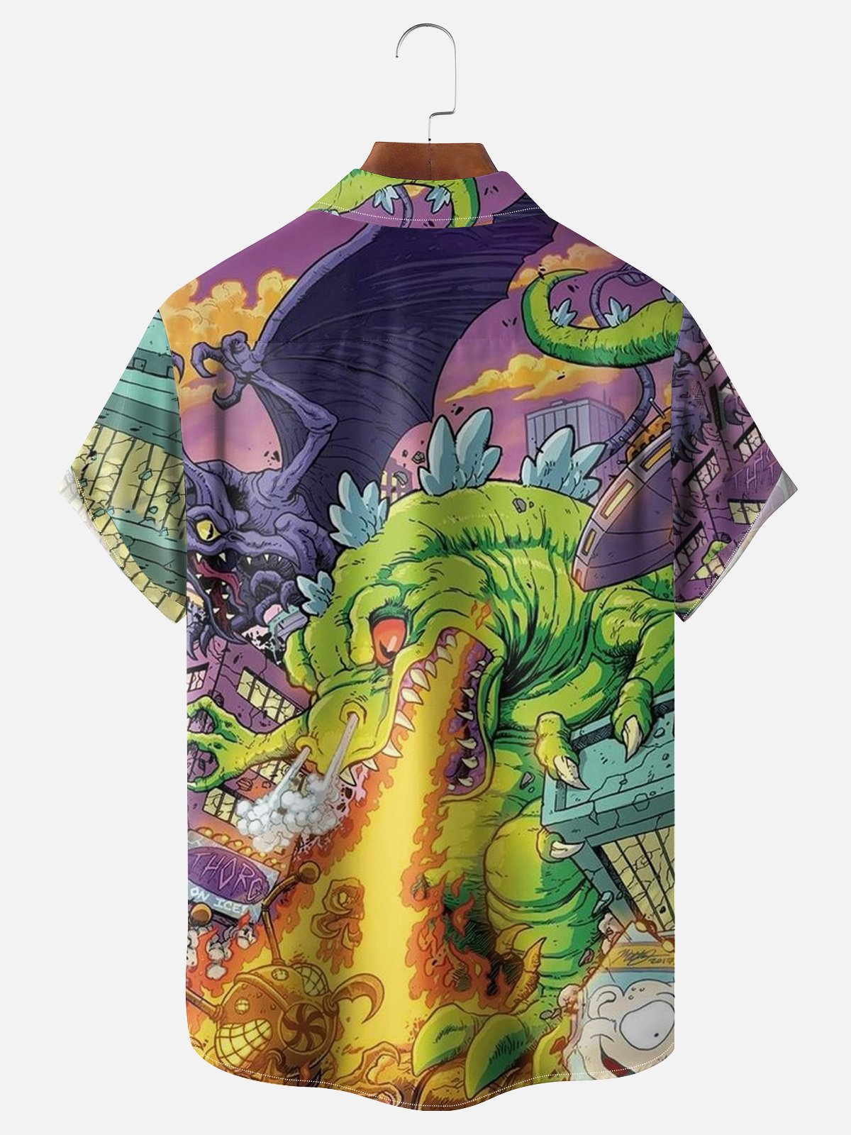 Moisture-wicking Monsters Attack City Chest Pocket Hawaiian Shirt