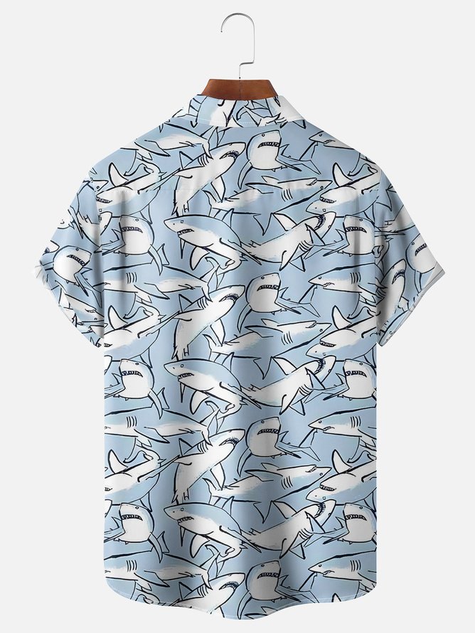 Tall Size Moisture-wicking Sharks Chest Pocket Hawaiian Shirt