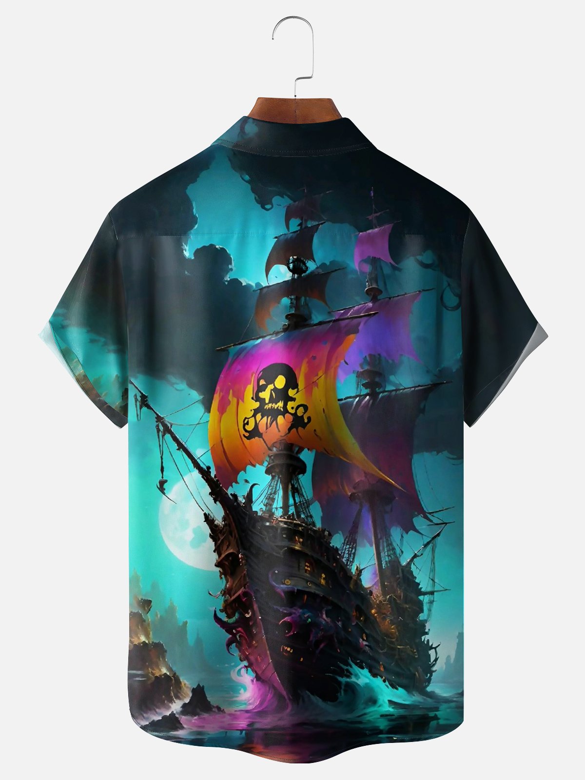 Moisture-wicking Pirate Ship Fantasy Painting Chest Pocket Hawaiian Shirt