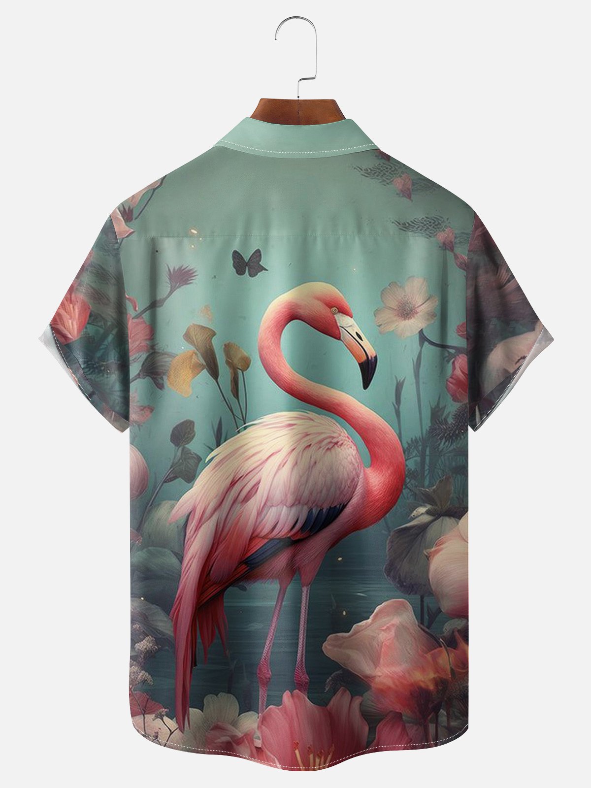 Moisture-wicking Art Flamingo Chest Pocket Hawaiian Shirt