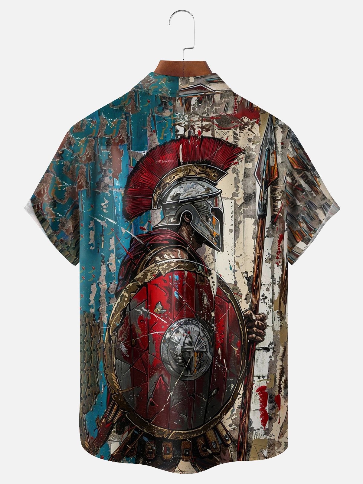 Moisture-wicking Spartan Warrior Illustration Chest Pocket Hawaiian Shirt