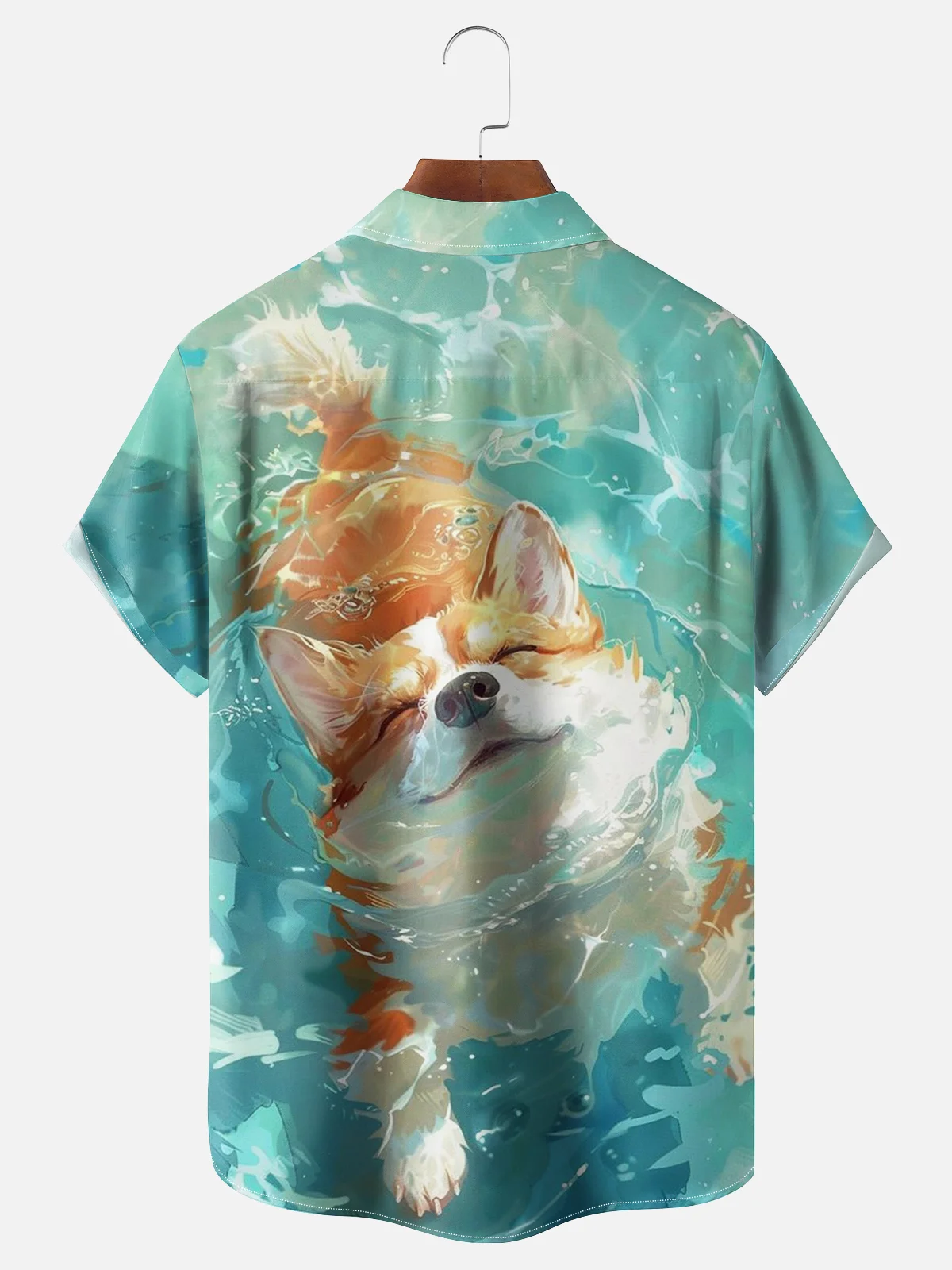 Moisture-wicking Swimming Corgi Chest Pocket Hawaiian Shirt