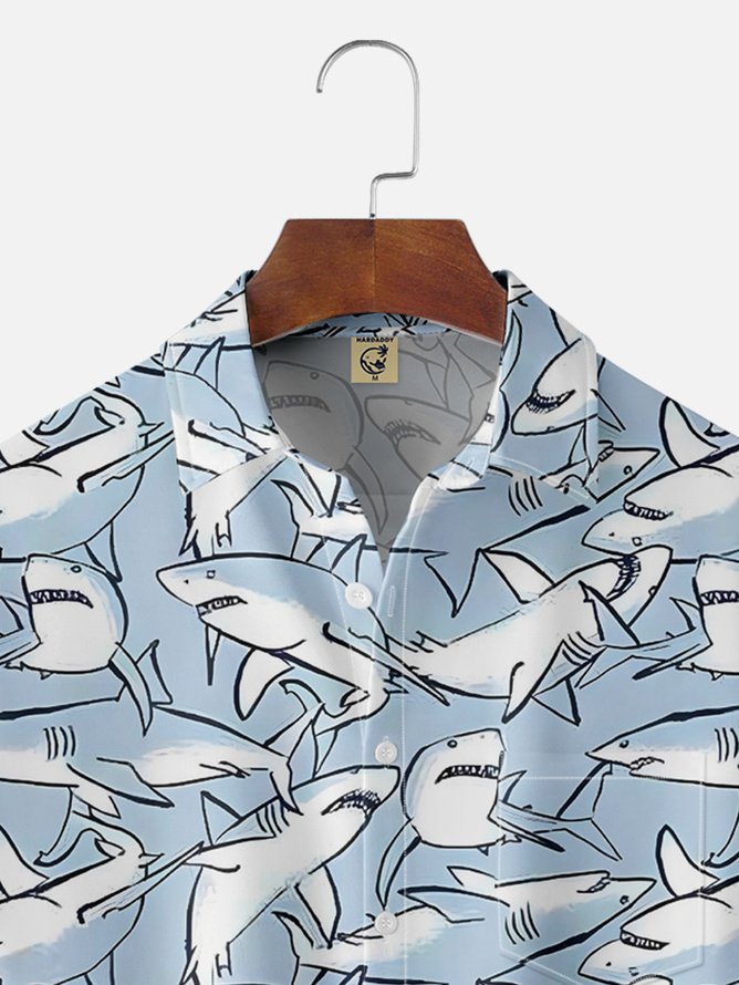 Tall Size Moisture-wicking Sharks Chest Pocket Hawaiian Shirt