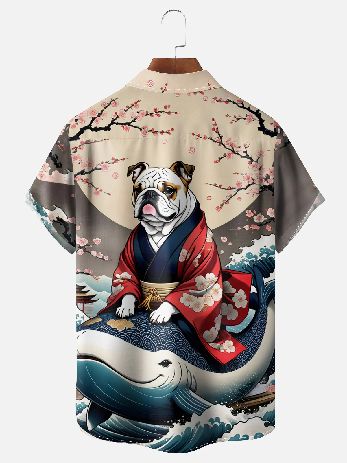 Moisture-wicking Ukiyoe Dog Surfing Chest Pocket Hawaiian Shirt