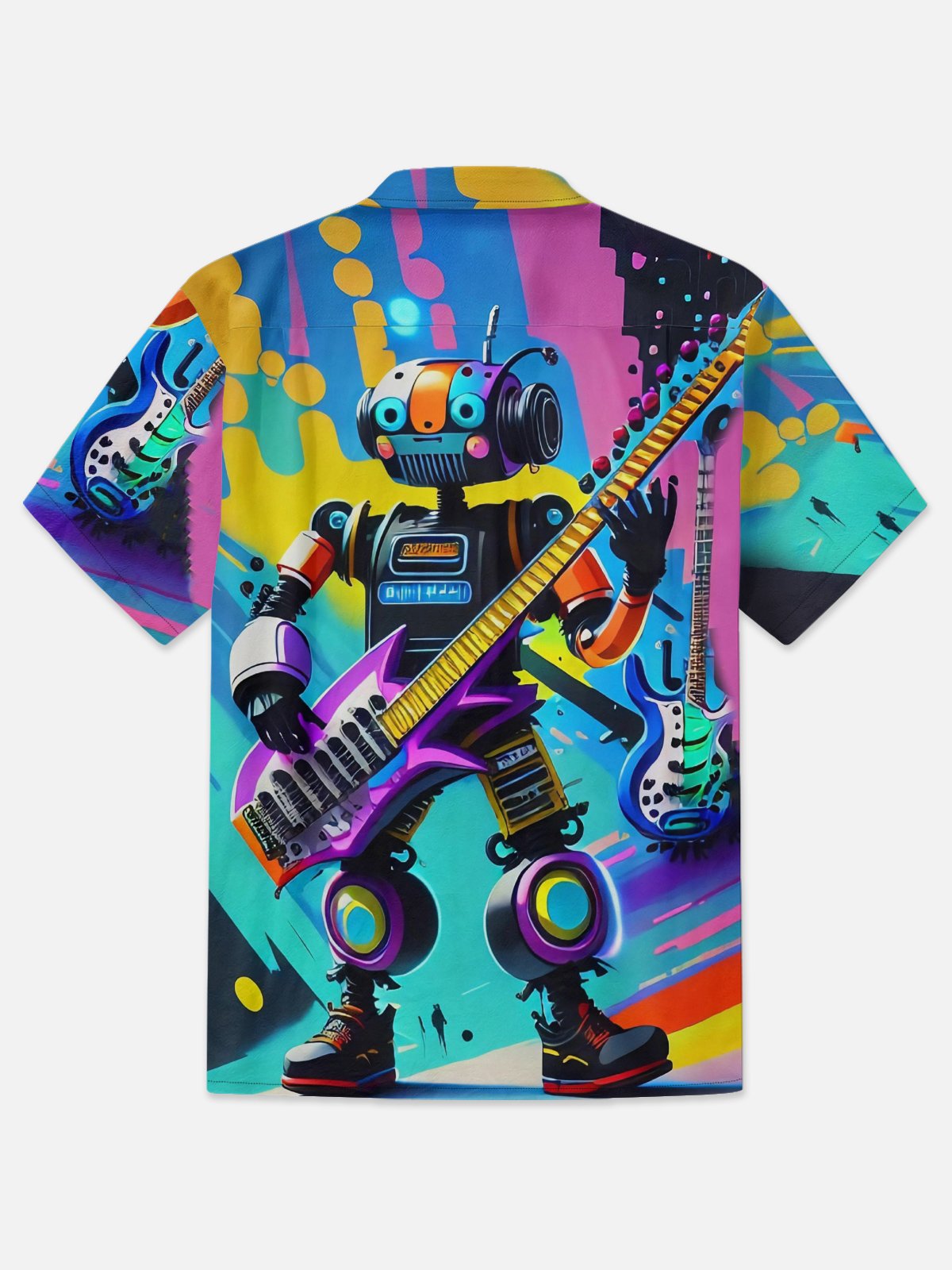 Moisture-wicking Music Robot Guitar Player Chest Pocket Hawaiian Shirt