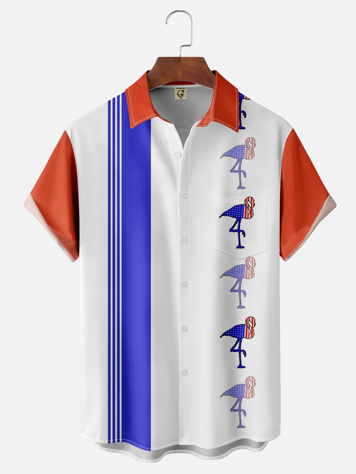 Moisture-wicking American Flag Chicken Chest Pocket Bowling Shirt