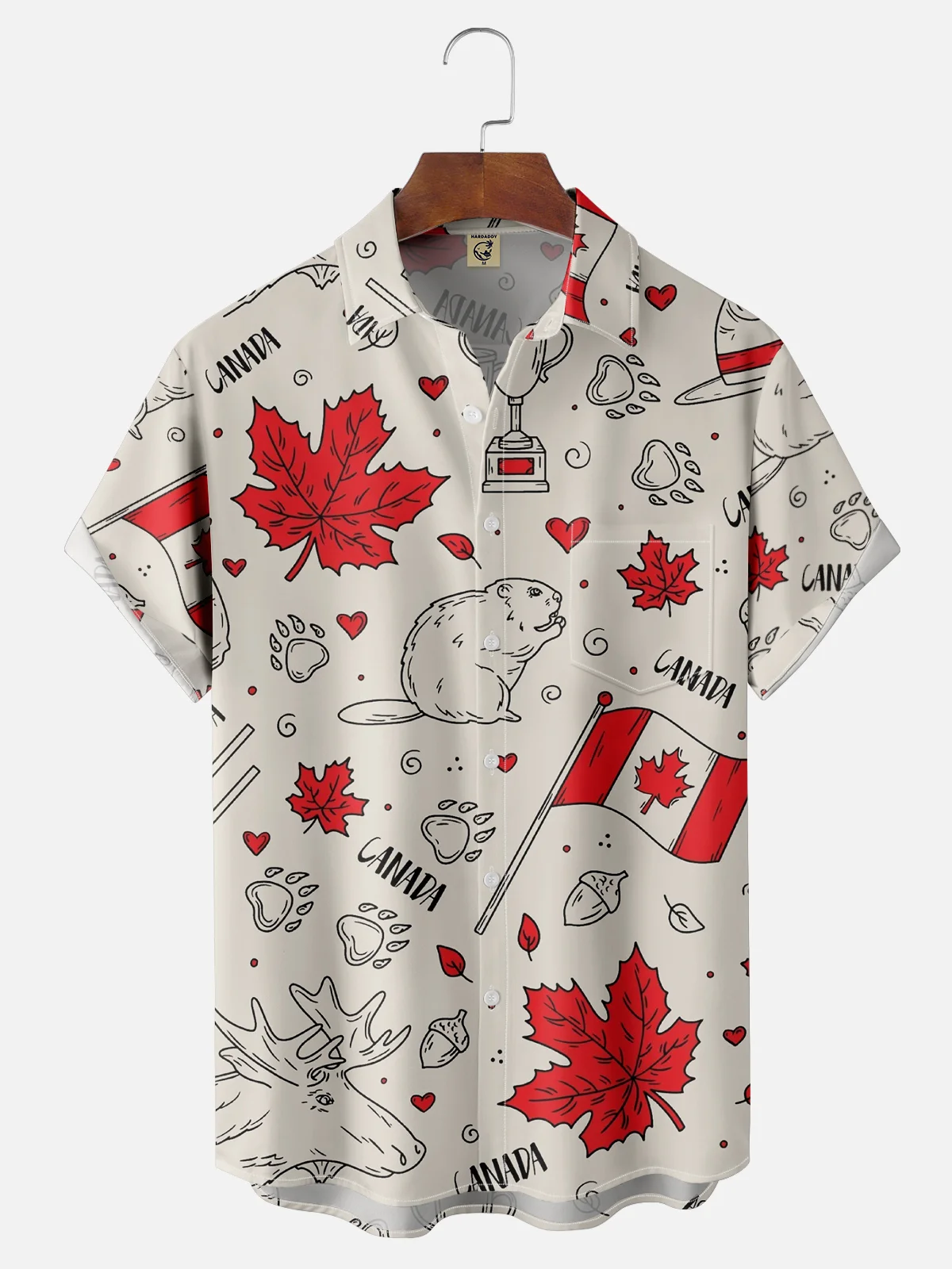 Moisture-wicking Canada Day Maple Leaf Squirrel Elk Chest Pocket Hawaiian Shirt