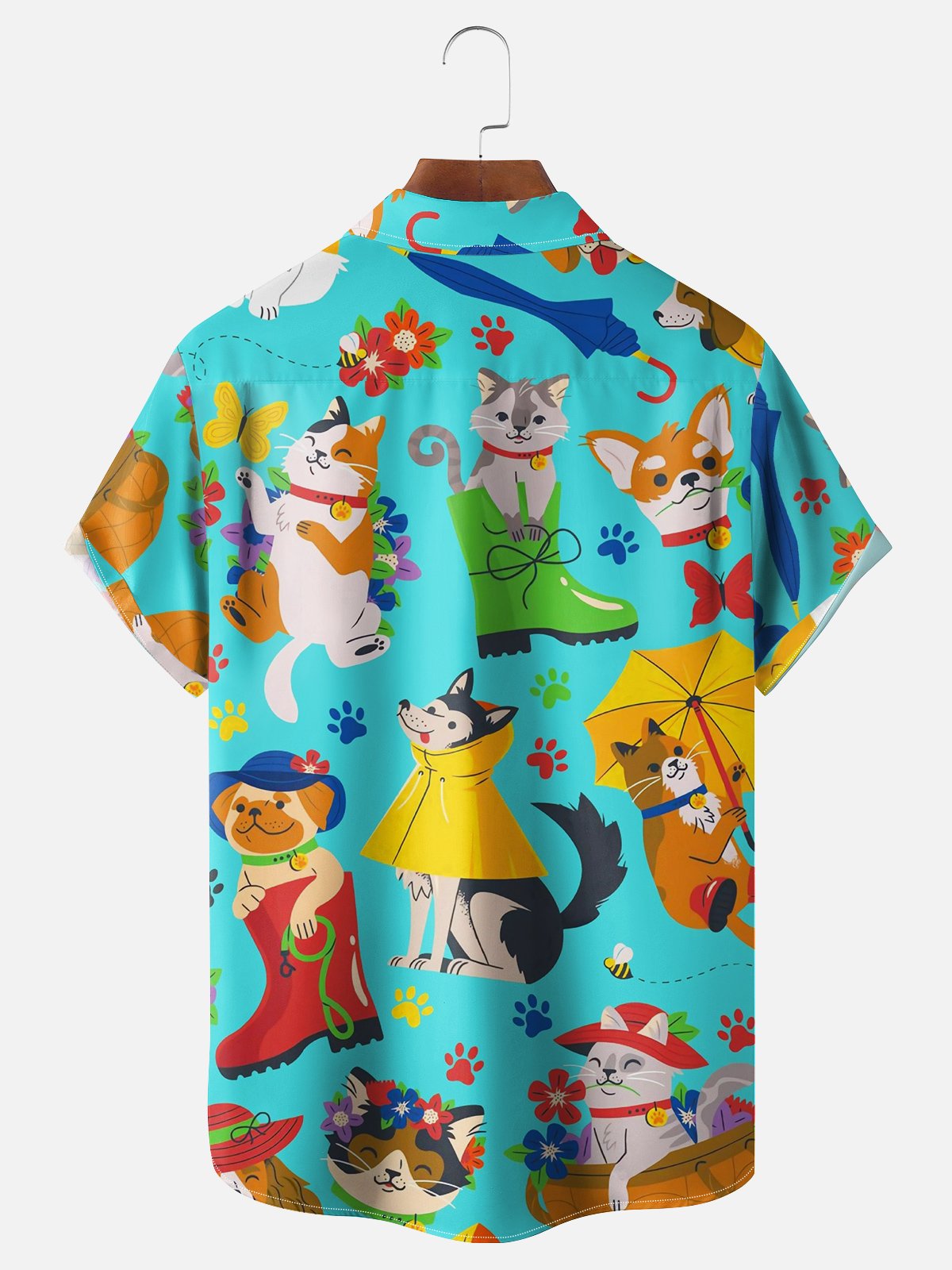 Moisture-wicking Breathable Cartoon Cats Dogs Chest Pocket Hawaiian Shirt