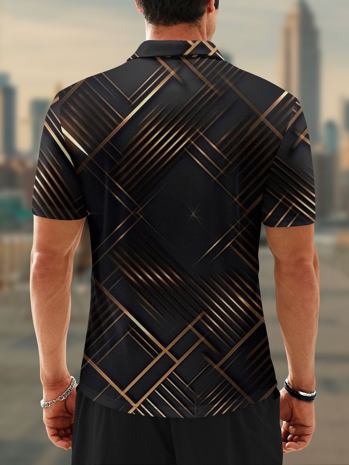 Moisture Wicking Golf Polo 3D Gradient Black Gold Abstract Geometric