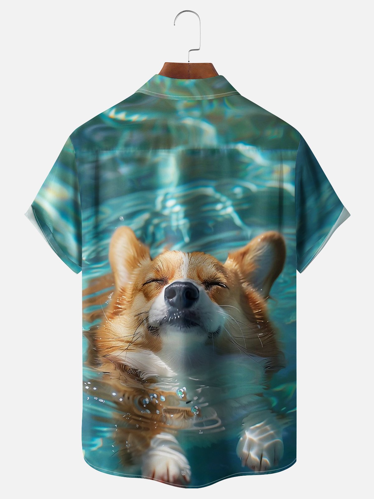 Moisture-wicking Swimming Corgi Painting Chest Pocket Hawaiian Shirt