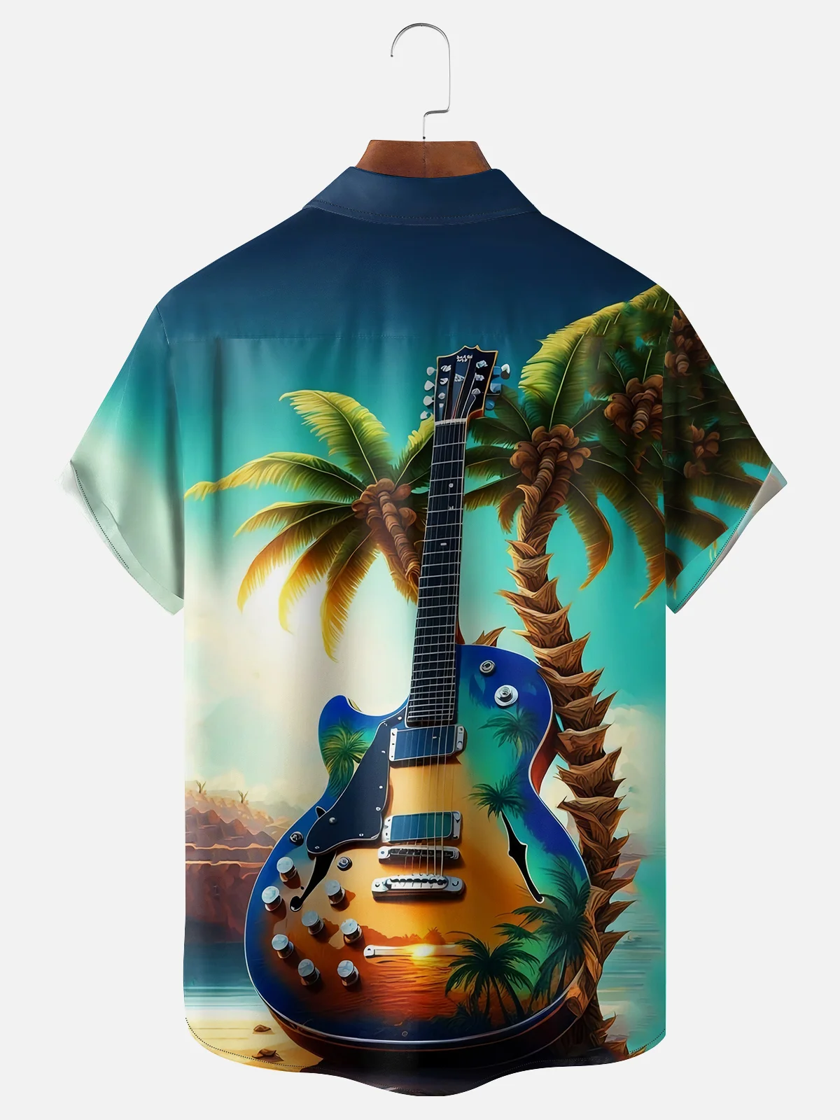 Moisture-wicking Gradient Guitar Coconut Tree Chest Pocket Hawaiian Shirt