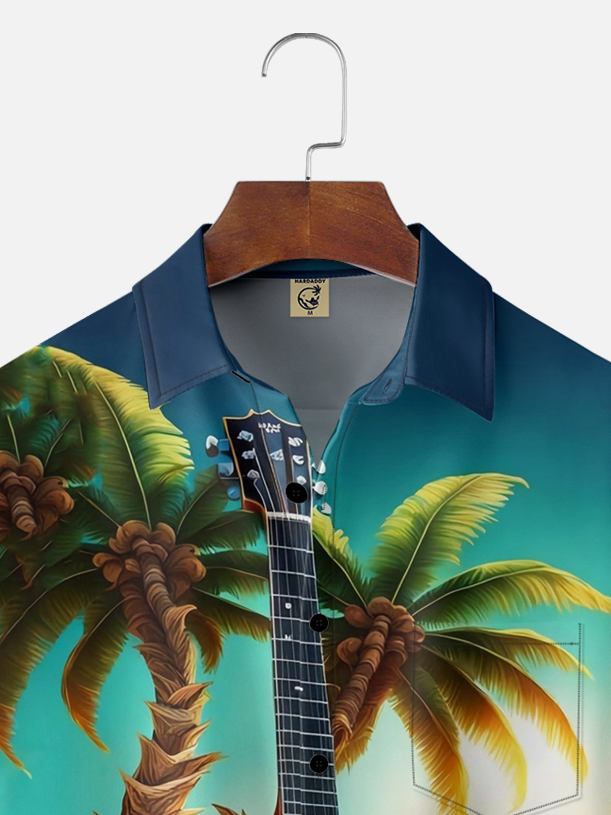 Moisture-wicking Gradient Guitar Coconut Tree Chest Pocket Hawaiian Shirt