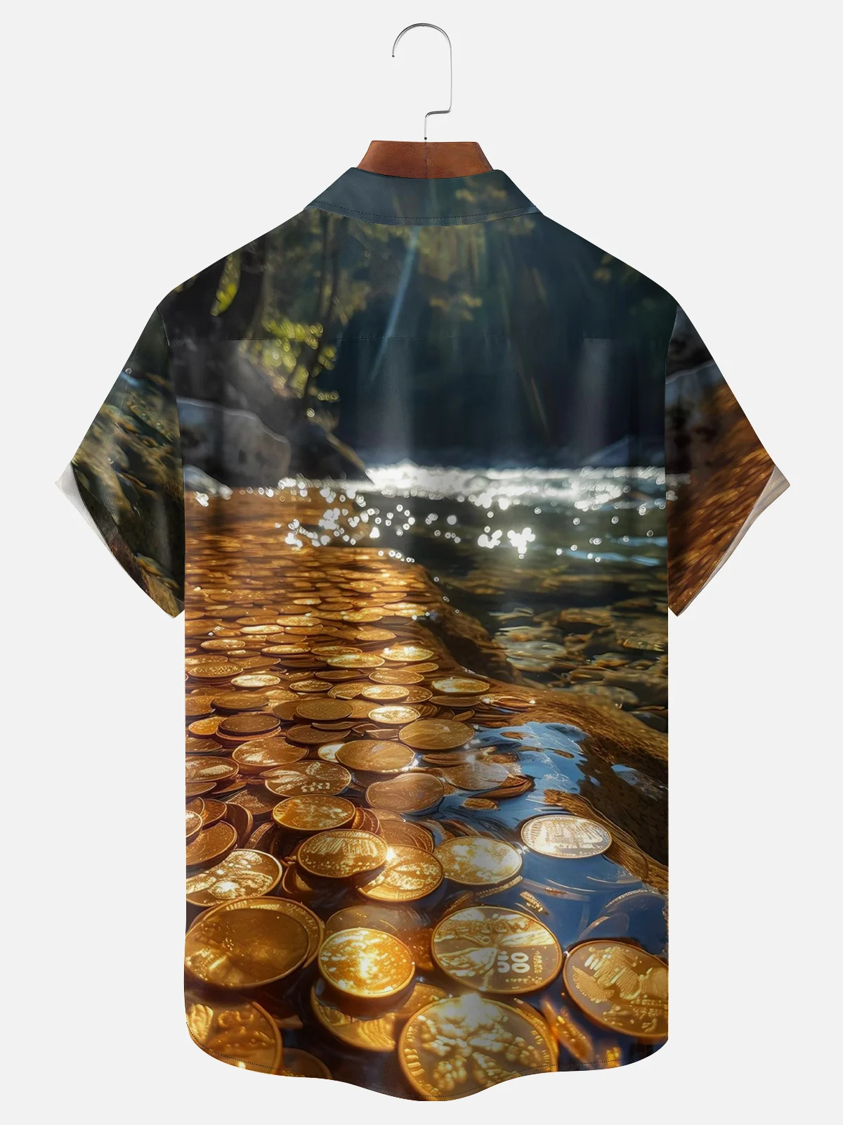 Moisture-wicking Gold Coins in the Stream Chest Pocket Hawaiian Shirt