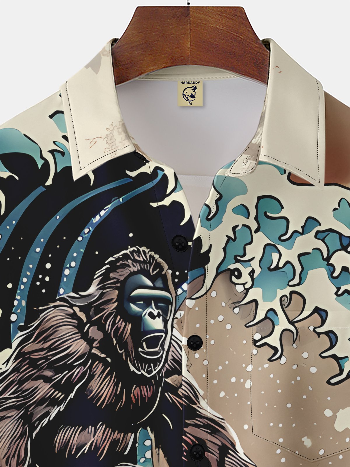 Moisture-wicking Ukiyo-e Wave Bigfoot Chest Pocket Hawaiian Shirt