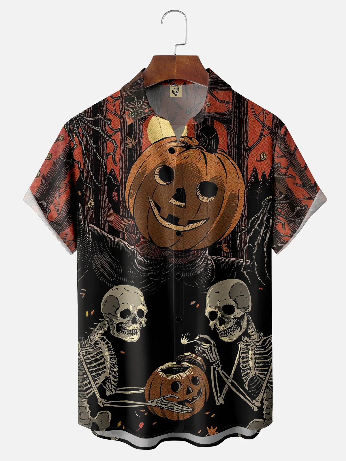 Men's Skull Pumpkin Print Short Sleeve Hawaiian Shirt with Chest Pocket