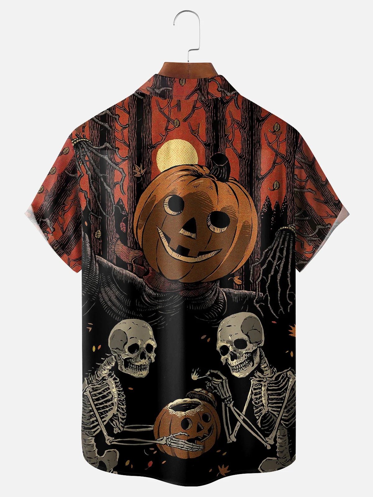 Men's Skull Pumpkin Print Short Sleeve Hawaiian Shirt with Chest Pocket