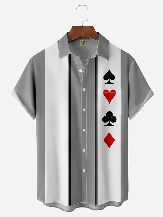 Tall Size Moisture-wicking Poker Symbols Chest Pocket Short Sleeve Bowling Shirt