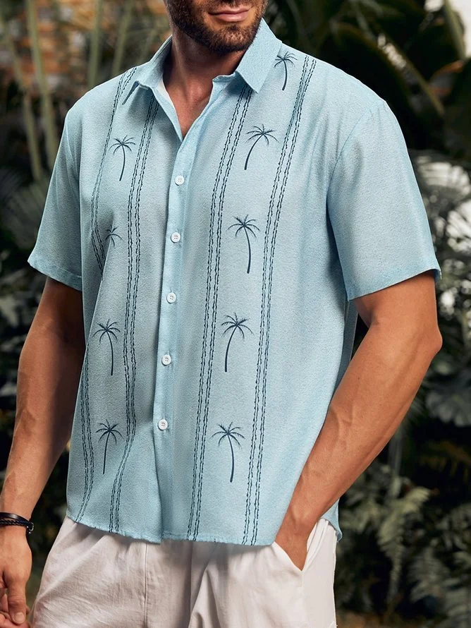 Tall Size Coconut Tree Print Short Sleeve Bowling Shirt