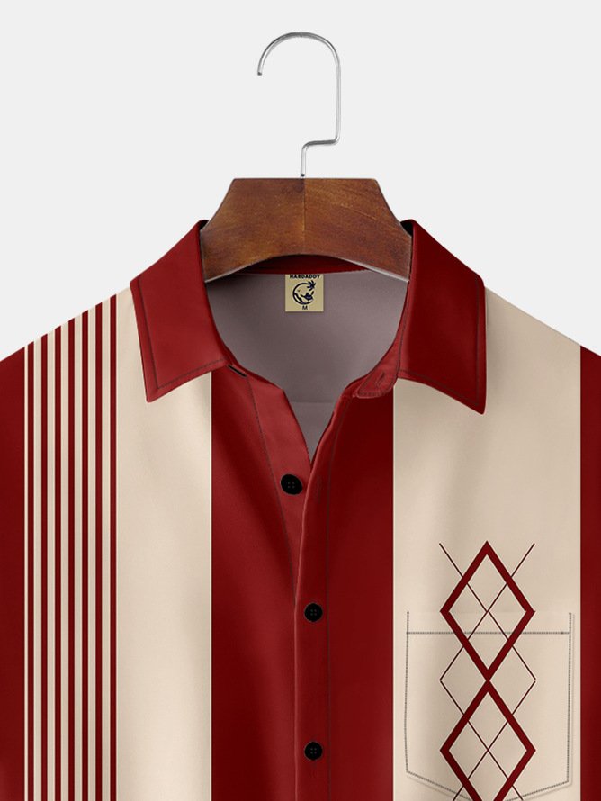 Tall Size Moisture Wicking Geometric Chest Pocket Bowling Shirt