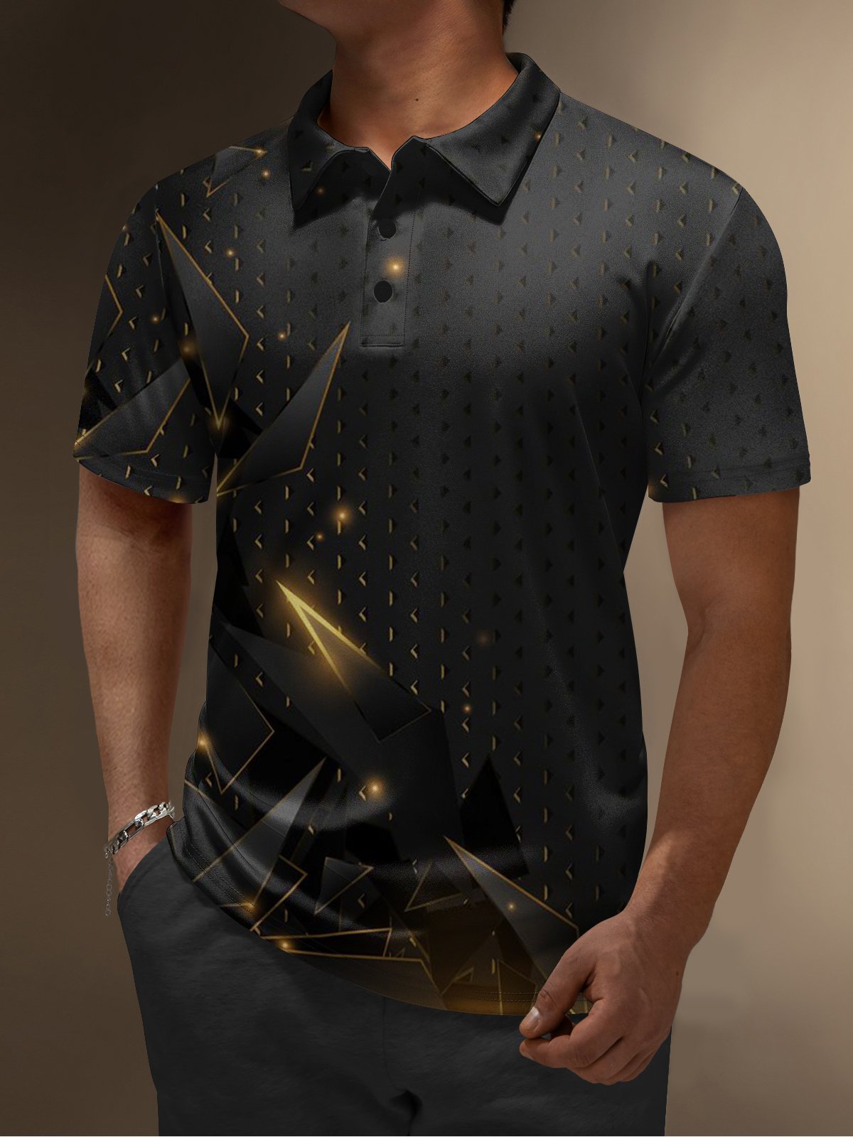 Moisture Wicking Golf Polo 3D Black Gold Gradient Color Abstract Geometric